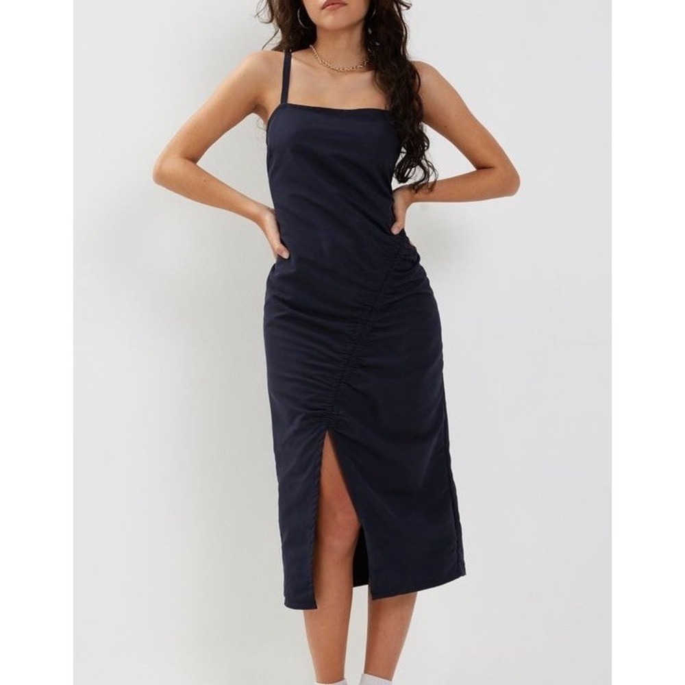 Urban Outfitters Motel Daisha Ruched Small Midi Dress Split Hem Spaghetti Straps
